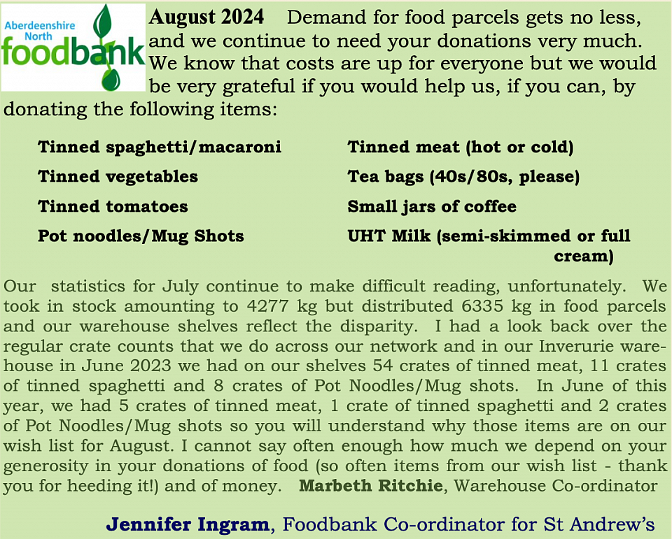 StAndrew's Church Inverurie Food Bank - Call to donation